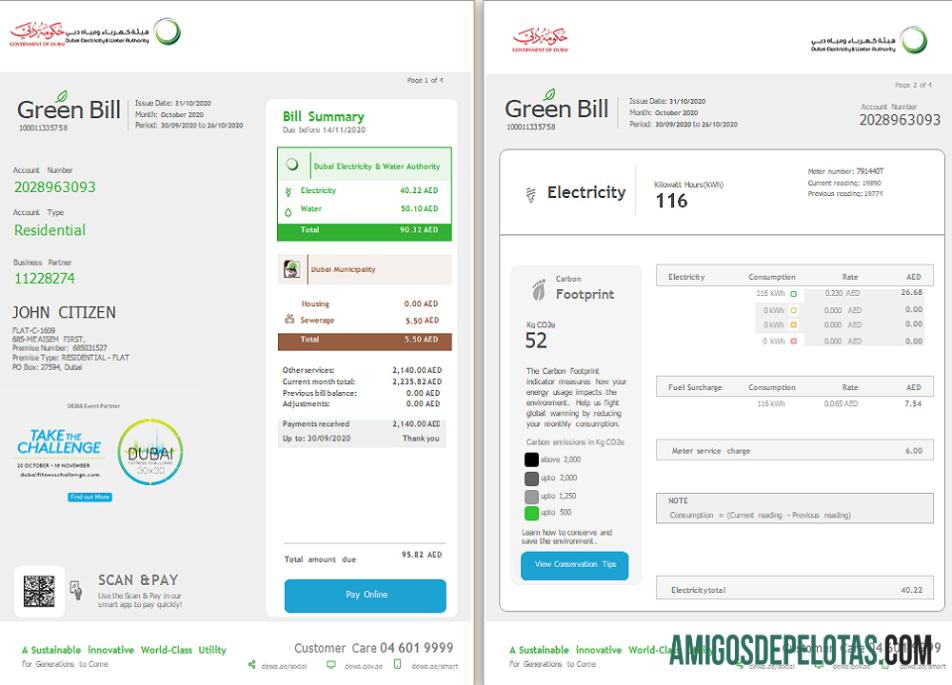 Para baixar modelo de fatura de serviços públicos da Autoridade de Eletricidade e Água dos Emirados Árabes Unidos em formato Word e PDF
